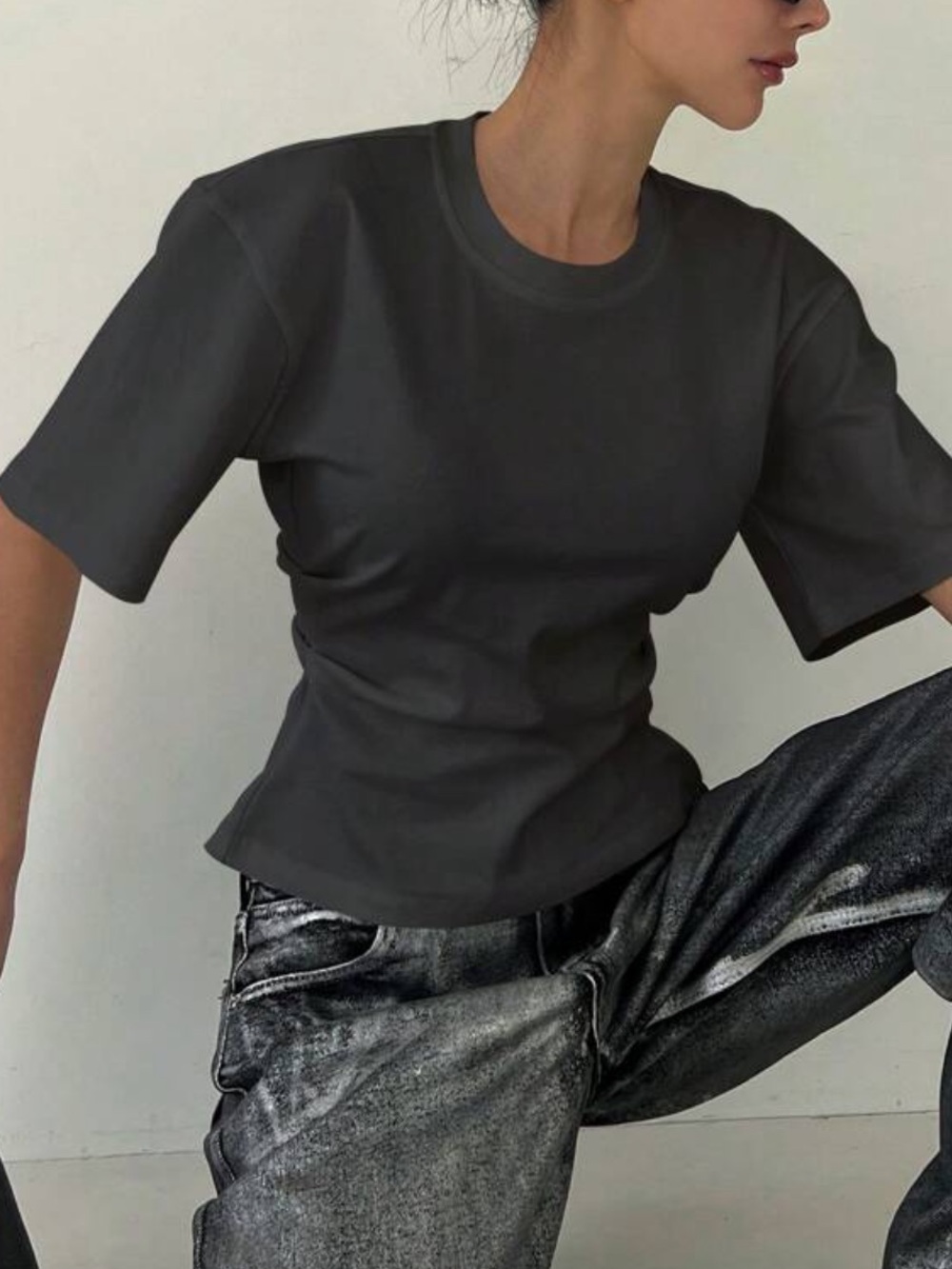 Dark gray  Short Sleeve Peplum Top